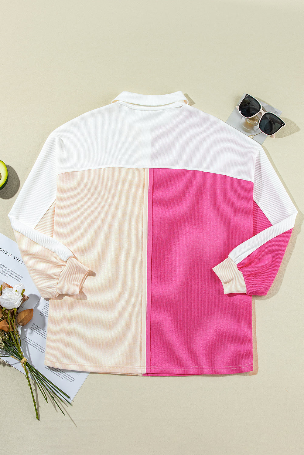 Pink Colorblock Patchwork Ribbed Oversized Sweatshirt
