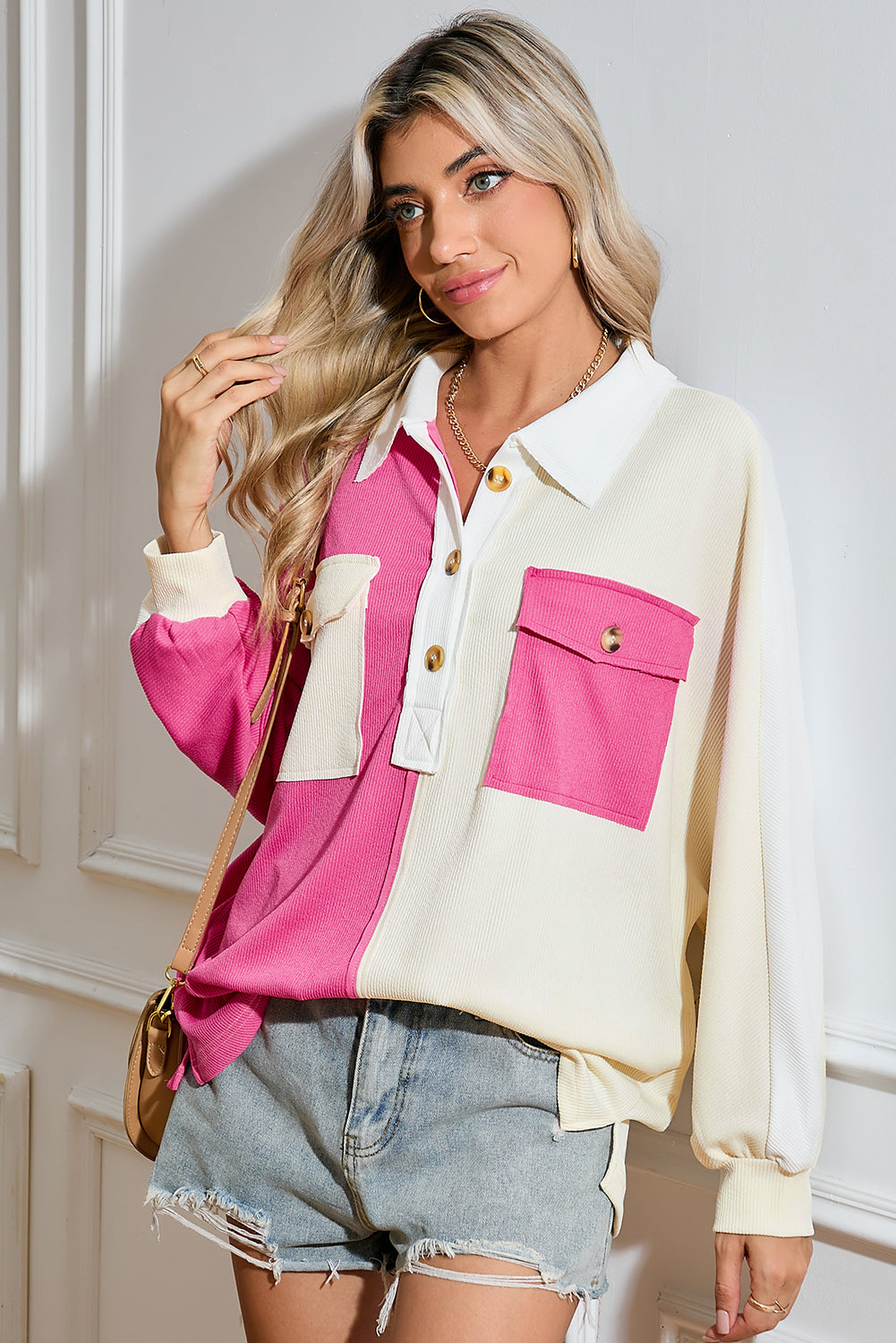 Pink Colorblock Patchwork Ribbed Oversized Sweatshirt