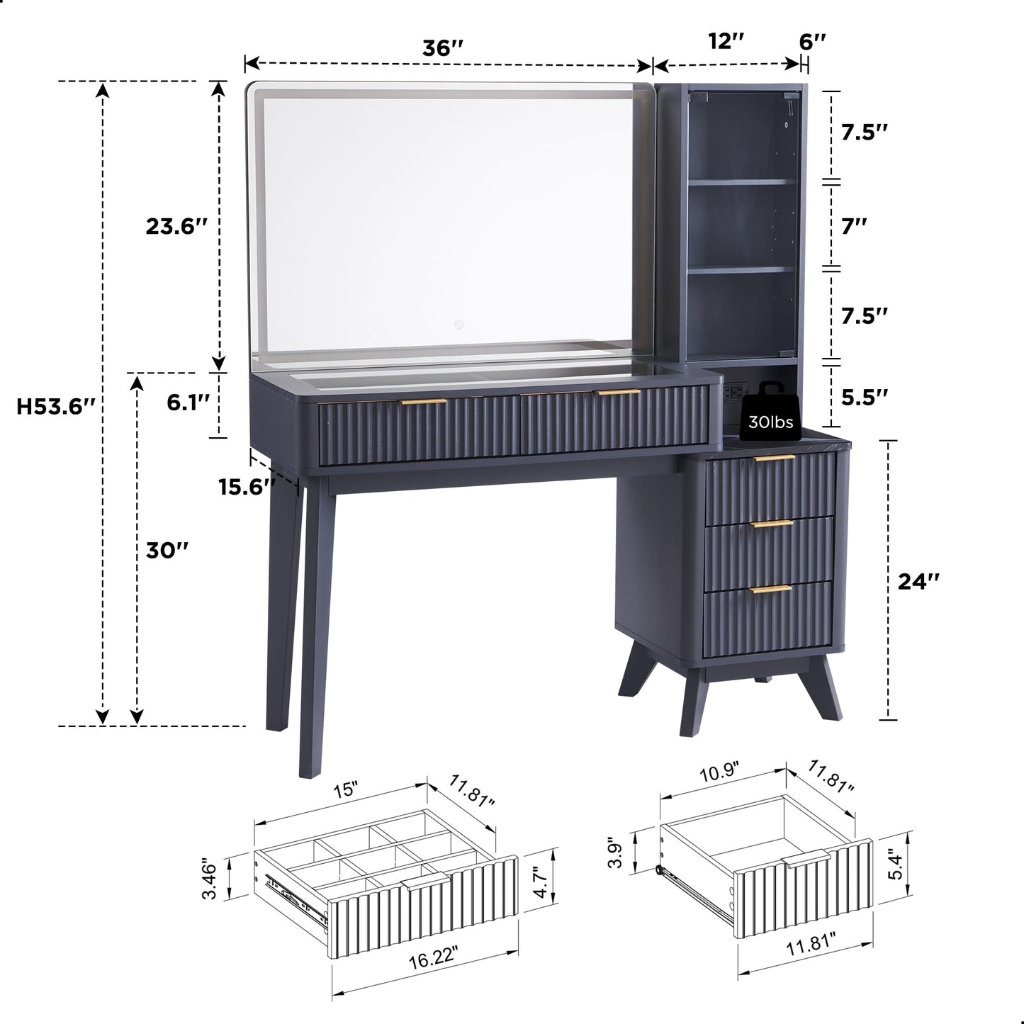 T4TREAM 48" Fluted Makeup Vanity Desk with Large 36" Mirror and Lights, Modern Glass Top Big Vanity Table with 5 Drawers & Adjustable Shelves, Dressing Table Set w/Charging Station for Bedroom, Oak