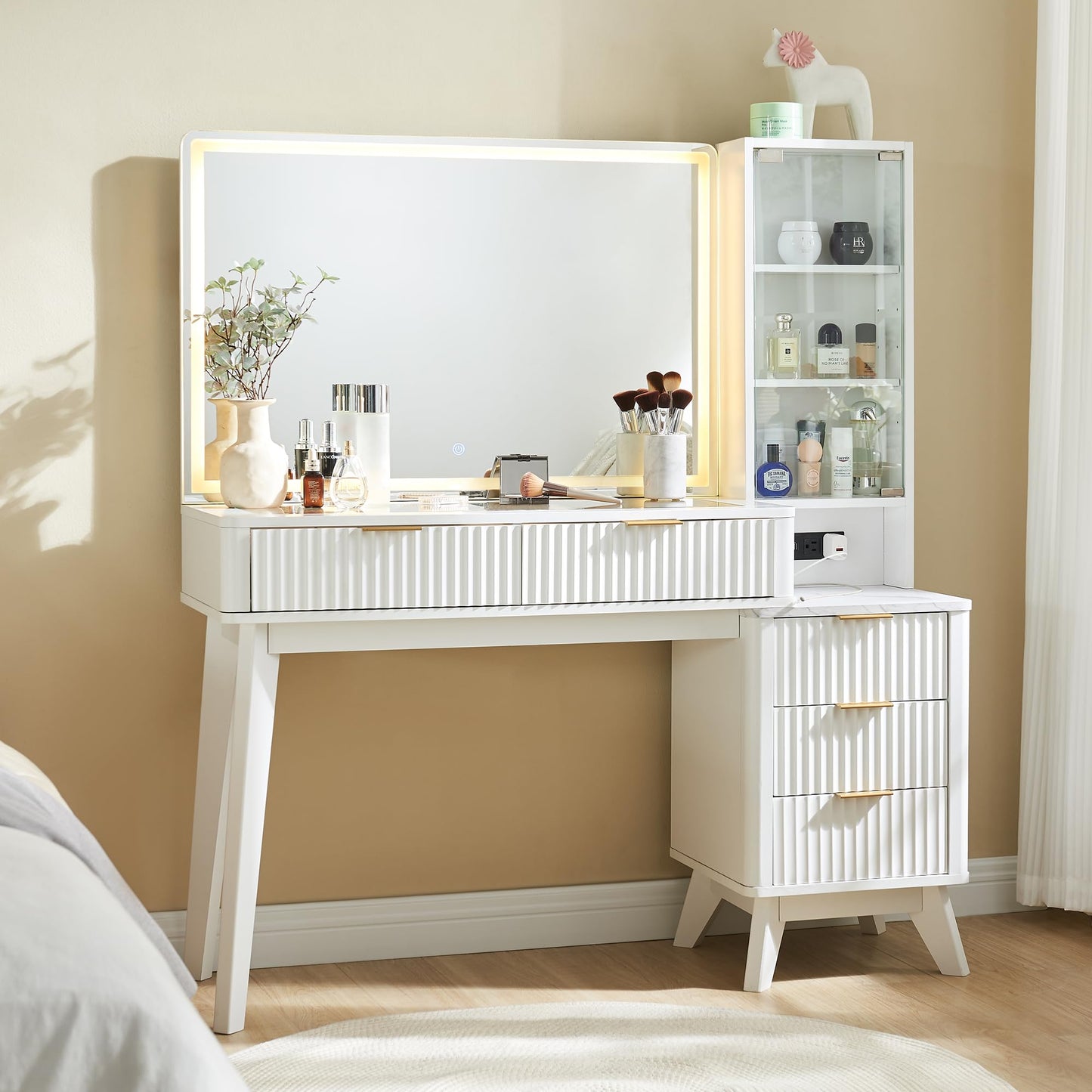 T4TREAM 48" Fluted Makeup Vanity Desk with Large 36" Mirror and Lights, Modern Glass Top Big Vanity Table with 5 Drawers & Adjustable Shelves, Dressing Table Set w/Charging Station for Bedroom, Oak