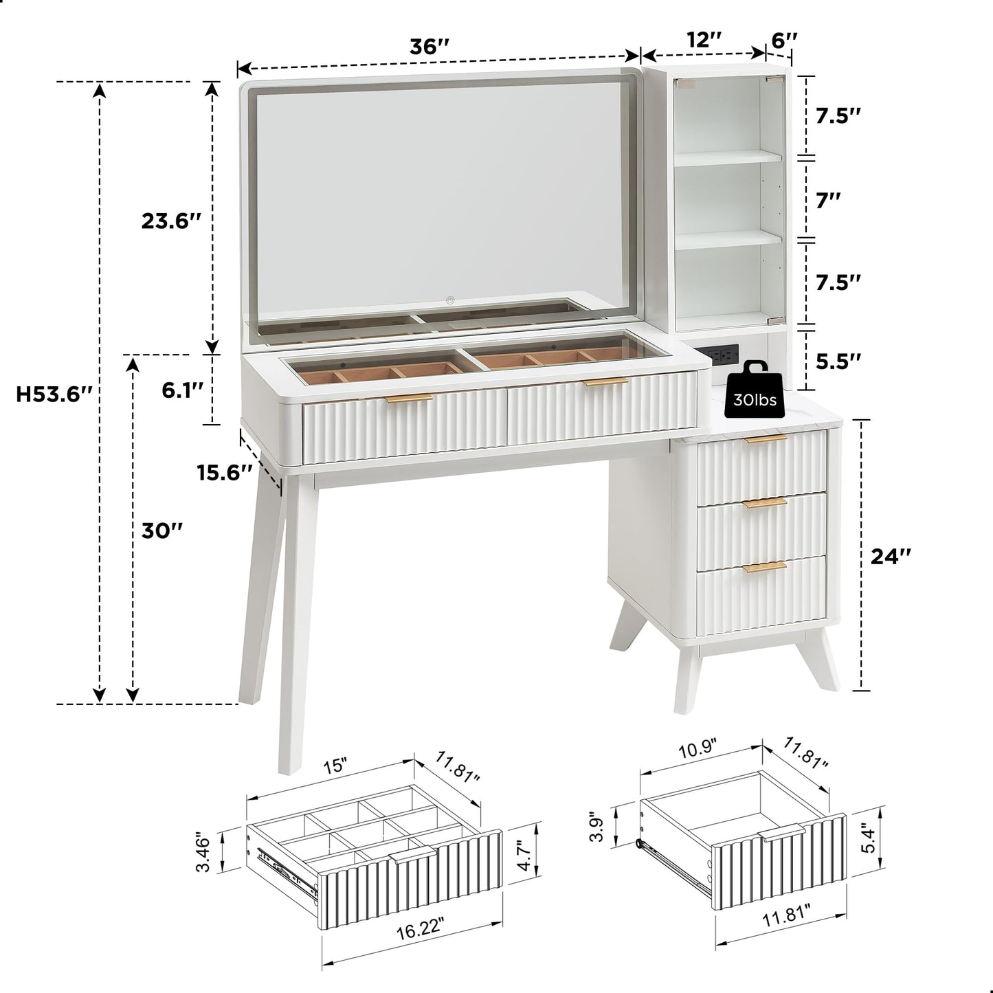 T4TREAM 48" Fluted Makeup Vanity Desk with Large 36" Mirror and Lights, Modern Glass Top Big Vanity Table with 5 Drawers & Adjustable Shelves, Dressing Table Set w/Charging Station for Bedroom, Oak