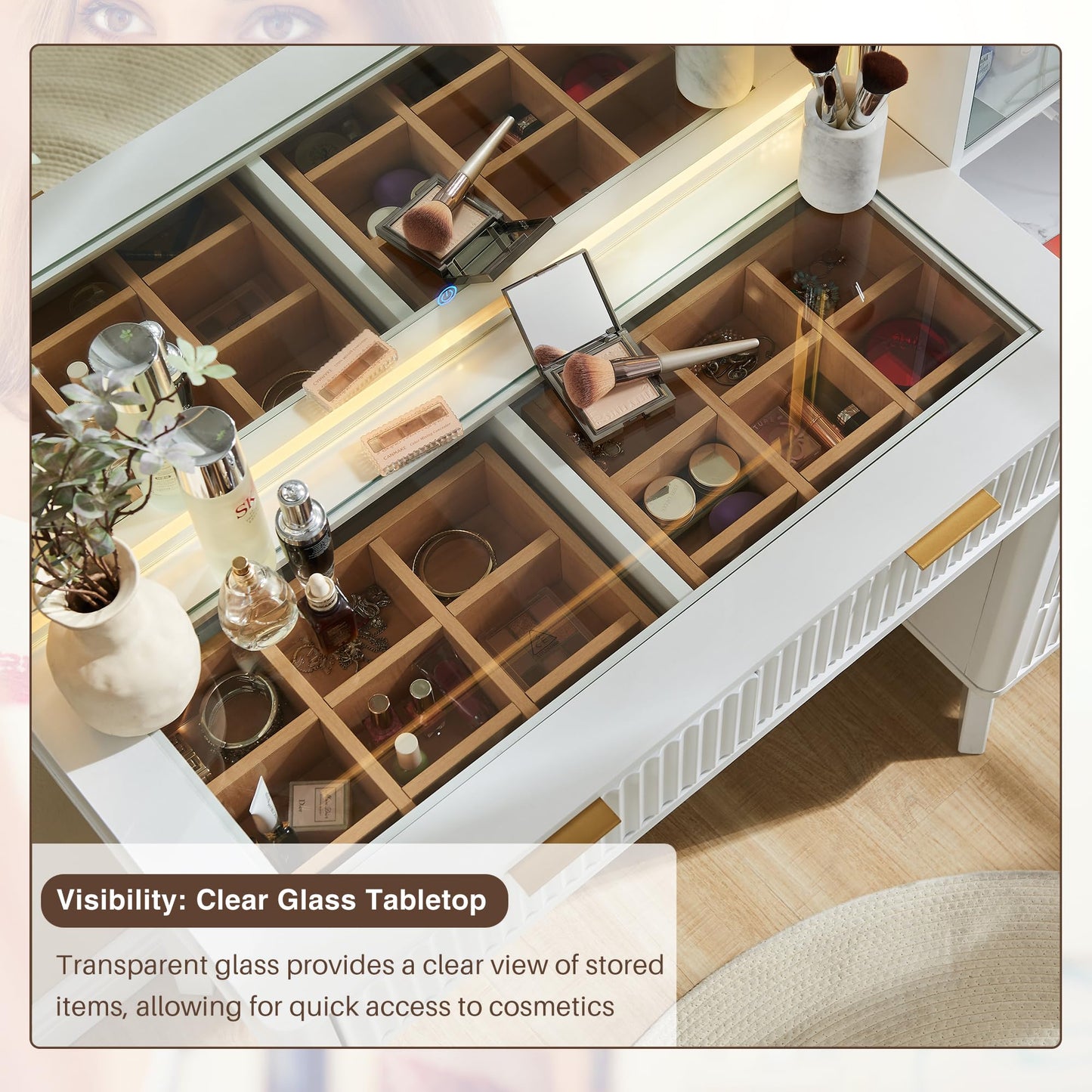 T4TREAM 48" Fluted Makeup Vanity Desk with Large 36" Mirror and Lights, Modern Glass Top Big Vanity Table with 5 Drawers & Adjustable Shelves, Dressing Table Set w/Charging Station for Bedroom, Oak