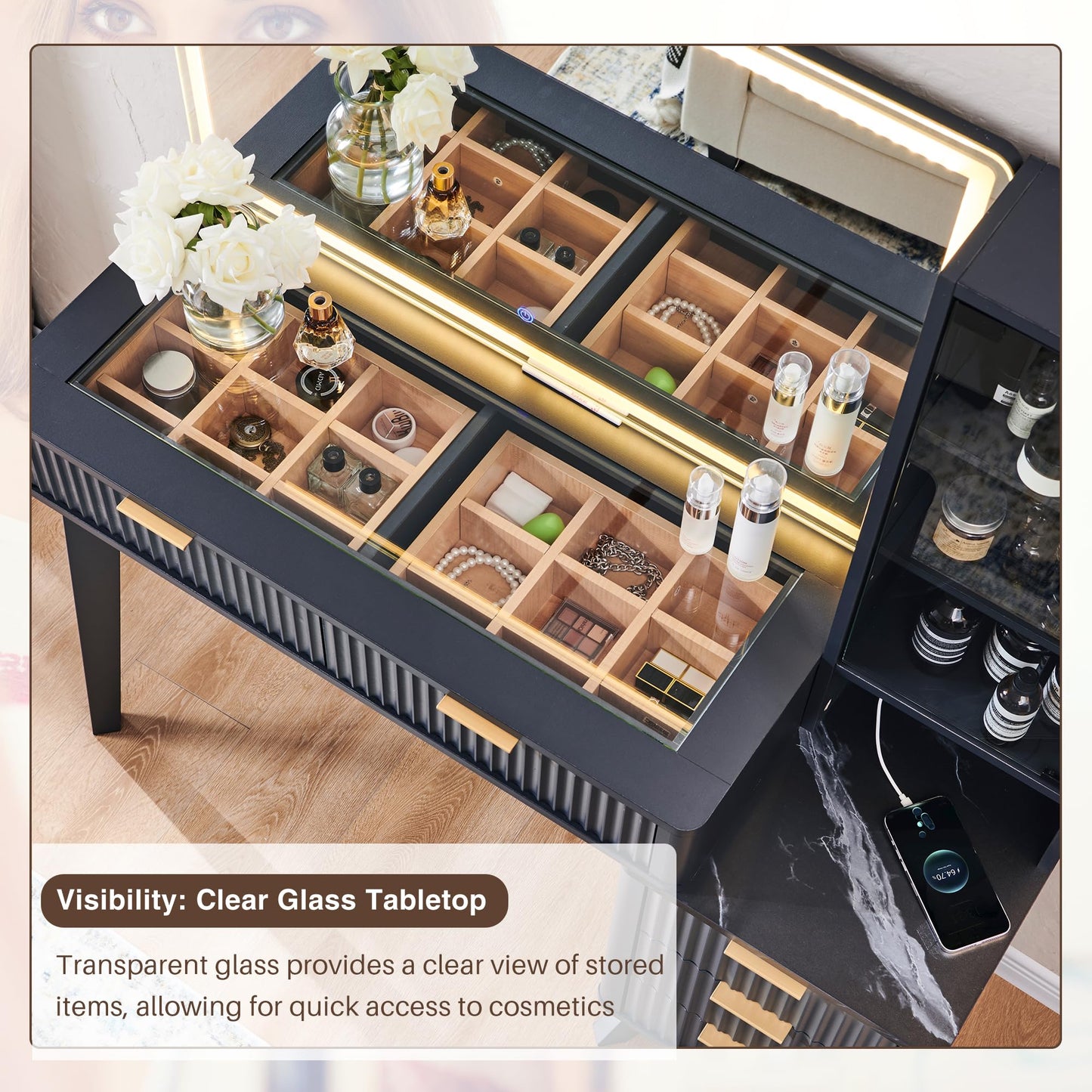 T4TREAM 48" Fluted Makeup Vanity Desk with Large 36" Mirror and Lights, Modern Glass Top Big Vanity Table with 5 Drawers & Adjustable Shelves, Dressing Table Set w/Charging Station for Bedroom, Oak