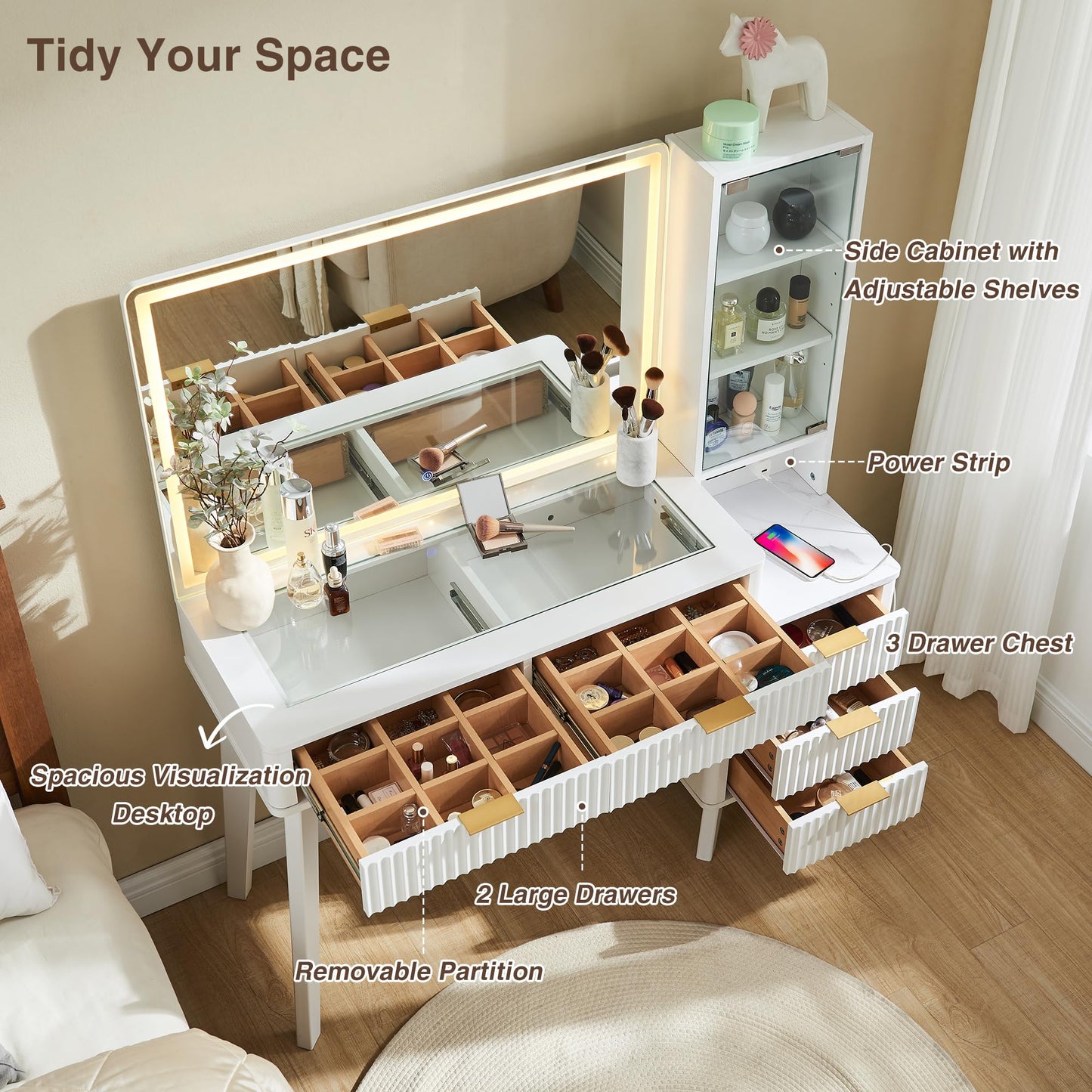 T4TREAM 48" Fluted Makeup Vanity Desk with Large 36" Mirror and Lights, Modern Glass Top Big Vanity Table with 5 Drawers & Adjustable Shelves, Dressing Table Set w/Charging Station for Bedroom, Oak