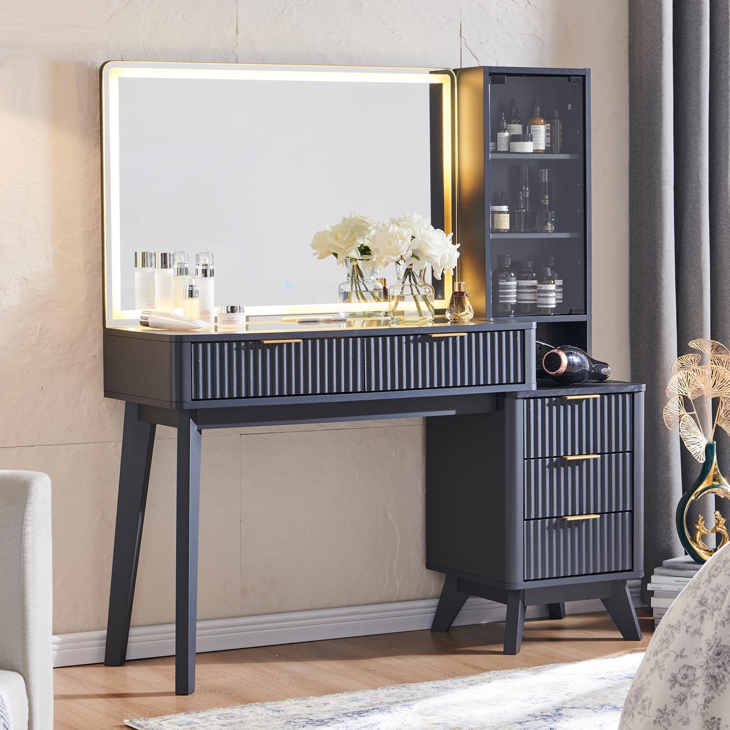T4TREAM 48" Fluted Makeup Vanity Desk with Large 36" Mirror and Lights, Modern Glass Top Big Vanity Table with 5 Drawers & Adjustable Shelves, Dressing Table Set w/Charging Station for Bedroom, Oak