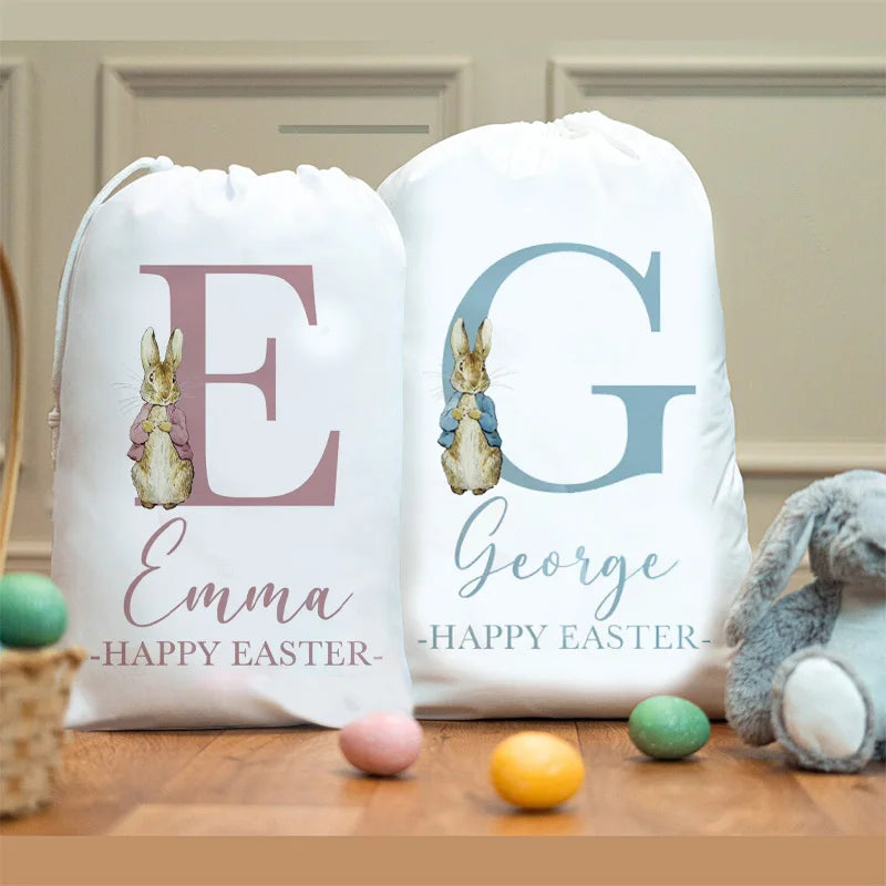 Personalized Custom Initial Name Pink Blue Easter Bunny Rabbit Gift Bag for Kids Boy Girl Egg Hunt Party Decoration
