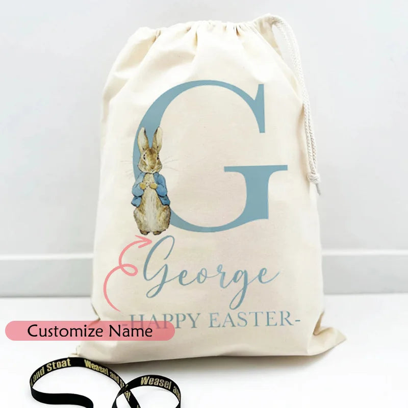 Personalized Custom Initial Name Pink Blue Easter Bunny Rabbit Gift Bag for Kids Boy Girl Egg Hunt Party Decoration