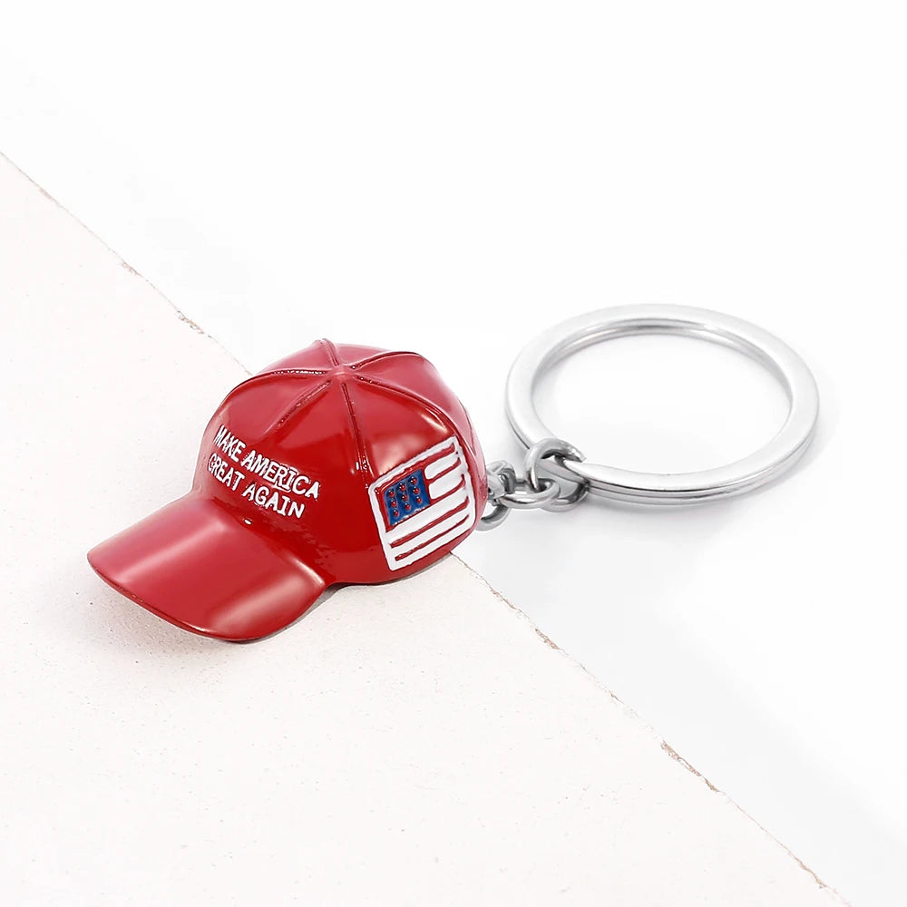 Trump Red Hat Pendant Keychain American Flag Hat Make America Great Again Metal Key Chain for Men Mesh Cap Car Key Ring Jewelry