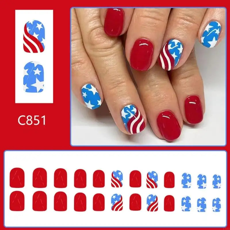 L8RD 4th of July Press on Square French Tip Fake Glues on for Womens