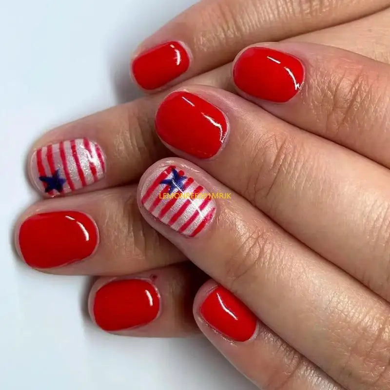 M4YA 24 Pcs Independence Day False Star Artificial 4th of July Full Cover on Short Oval Press On