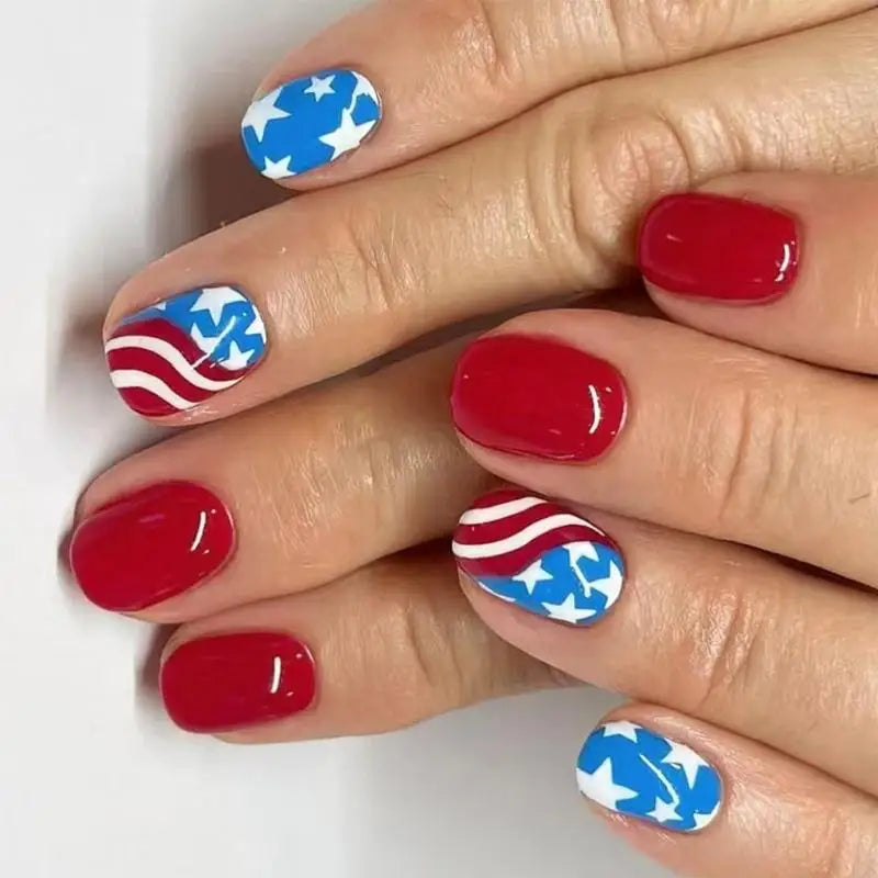 L8RD 4th of July Press on Square French Tip Fake Glues on for Womens