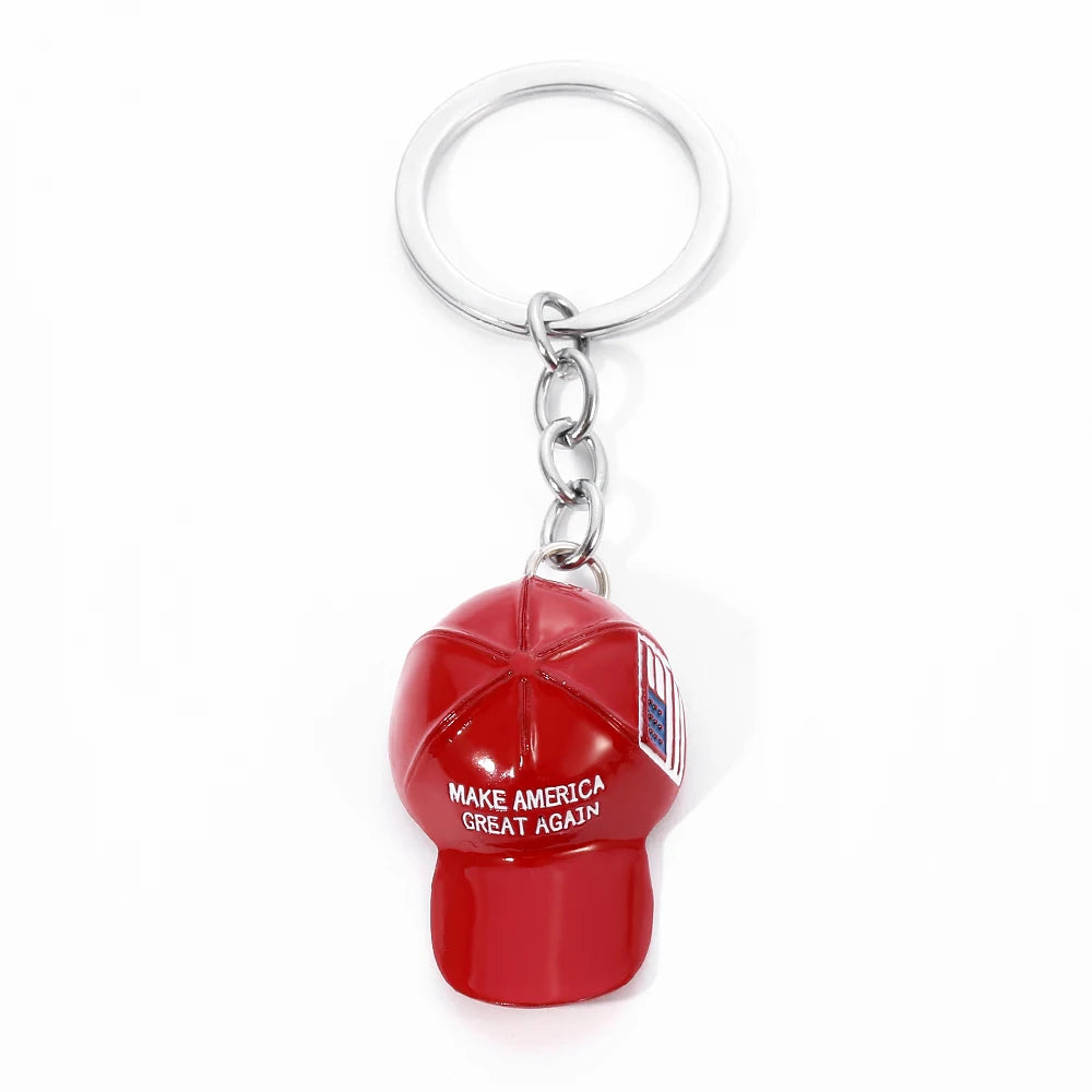 Trump Red Hat Pendant Keychain American Flag Hat Make America Great Again Metal Key Chain for Men Mesh Cap Car Key Ring Jewelry