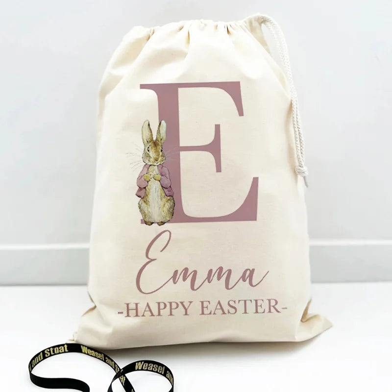 Personalized Custom Initial Name Pink Blue Easter Bunny Rabbit Gift Bag for Kids Boy Girl Egg Hunt Party Decoration