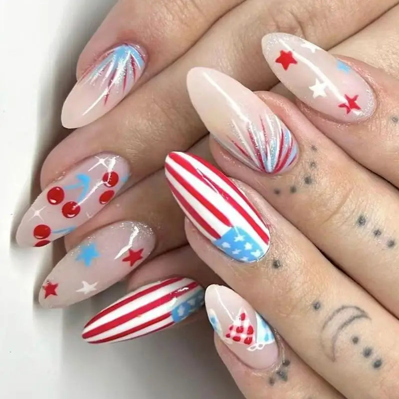 Q1FB 24x 4th of July Press On Full Cover on Almond False