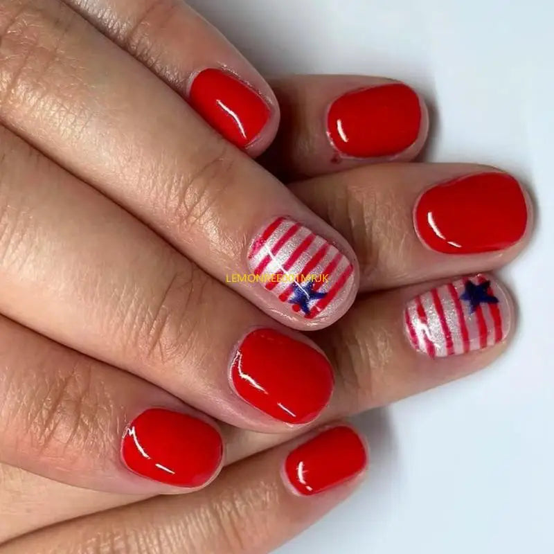 M4YA 24 Pcs Independence Day False Star Artificial 4th of July Full Cover on Short Oval Press On