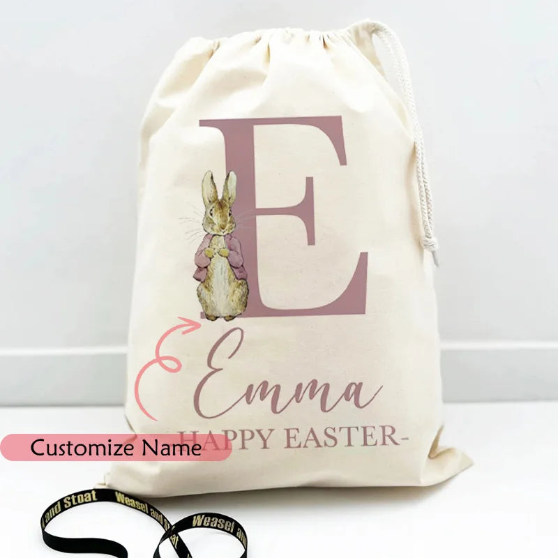 Personalized Custom Initial Name Pink Blue Easter Bunny Rabbit Gift Bag for Kids Boy Girl Egg Hunt Party Decoration