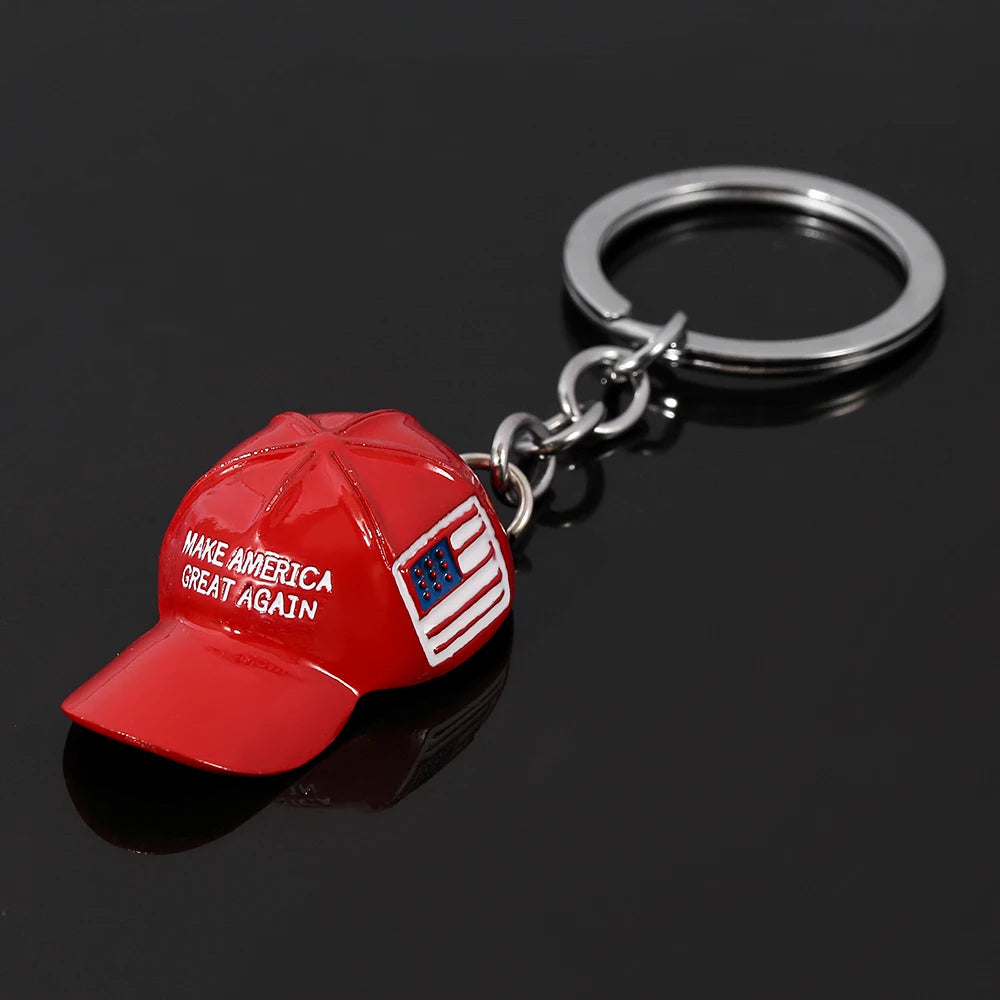 Trump Red Hat Pendant Keychain American Flag Hat Make America Great Again Metal Key Chain for Men Mesh Cap Car Key Ring Jewelry