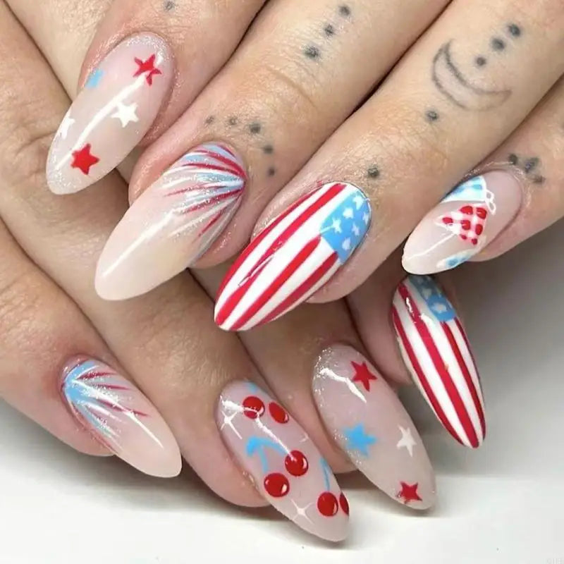 Q1FB 24x 4th of July Press On Full Cover on Almond False
