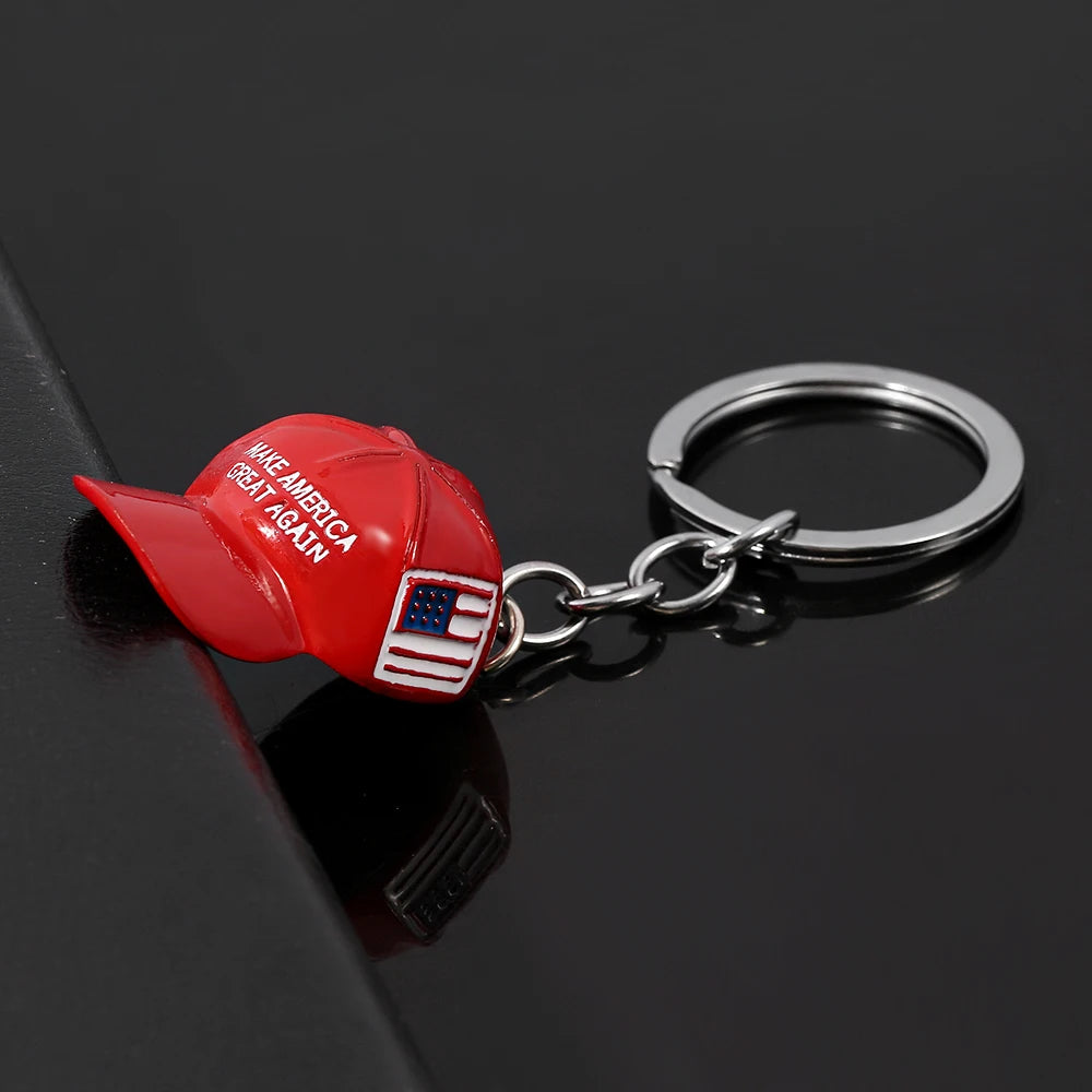 Trump Red Hat Pendant Keychain American Flag Hat Make America Great Again Metal Key Chain for Men Mesh Cap Car Key Ring Jewelry