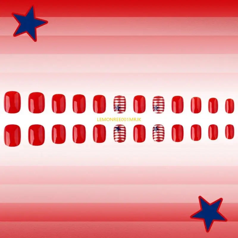 M4YA 24 Pcs Independence Day False Star Artificial 4th of July Full Cover on Short Oval Press On