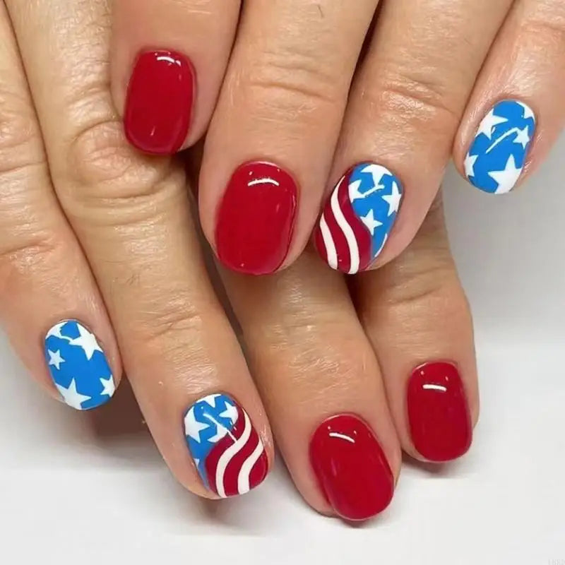 L8RD 4th of July Press on Square French Tip Fake Glues on for Womens