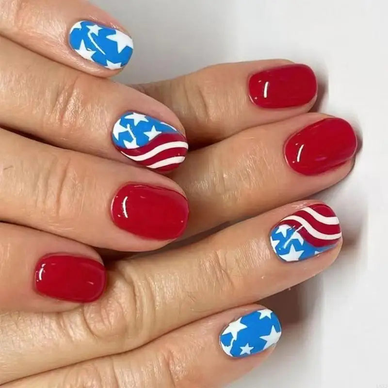 L8RD 4th of July Press on Square French Tip Fake Glues on for Womens