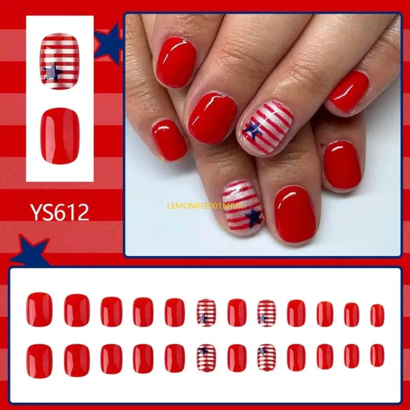 M4YA 24 Pcs Independence Day False Star Artificial 4th of July Full Cover on Short Oval Press On