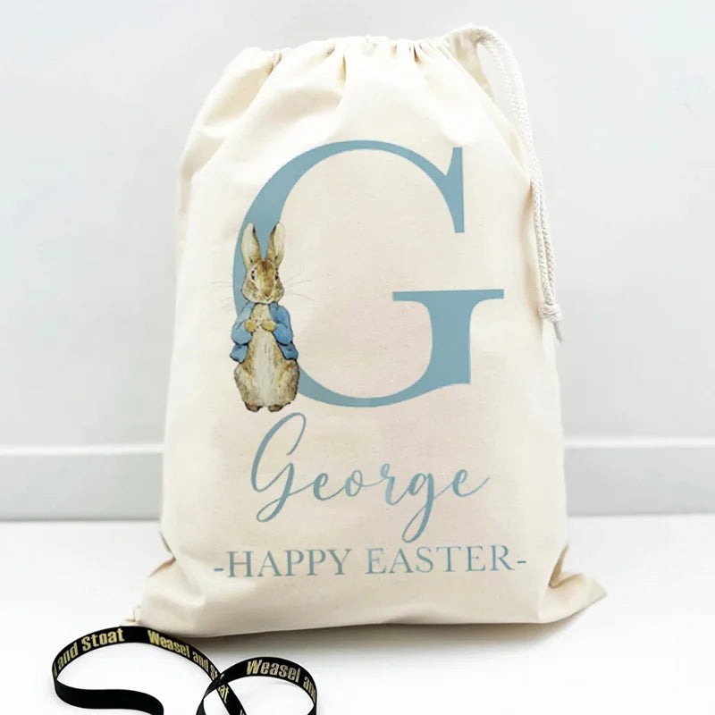 Personalized Custom Initial Name Pink Blue Easter Bunny Rabbit Gift Bag for Kids Boy Girl Egg Hunt Party Decoration