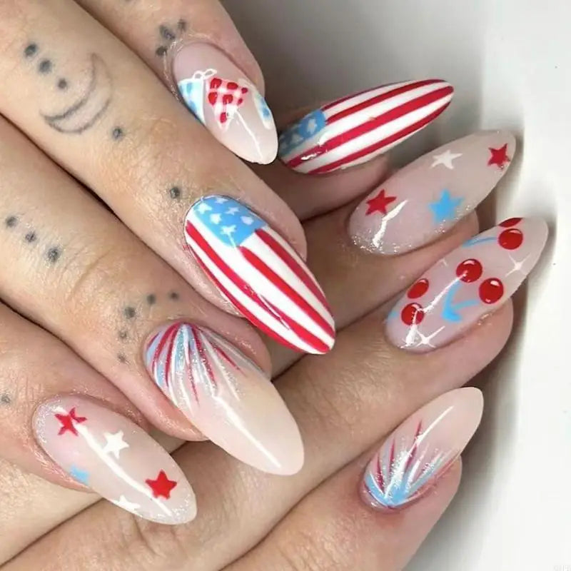 Q1FB 24x 4th of July Press On Full Cover on Almond False