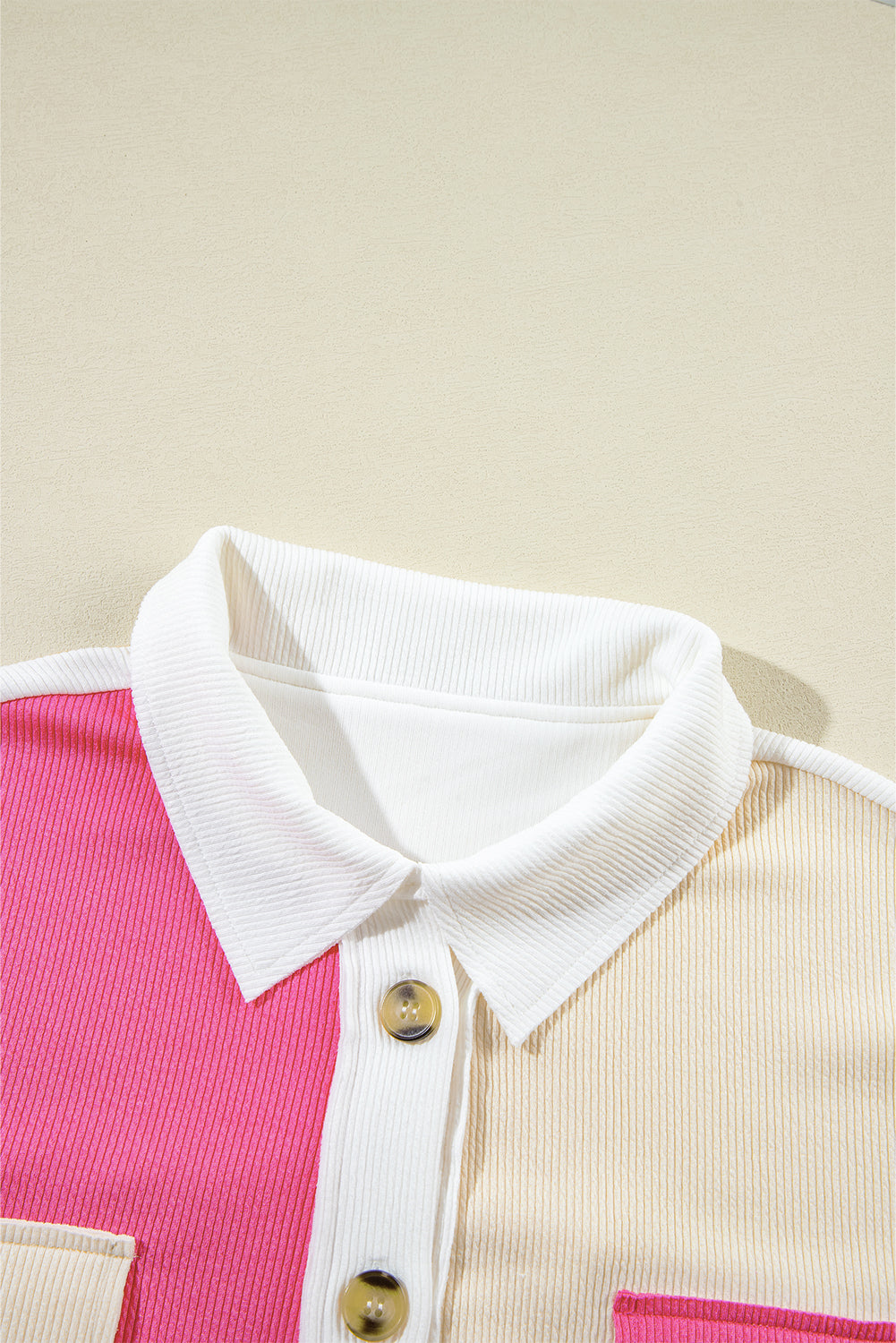 Pink Colorblock Patchwork Ribbed Oversized Sweatshirt