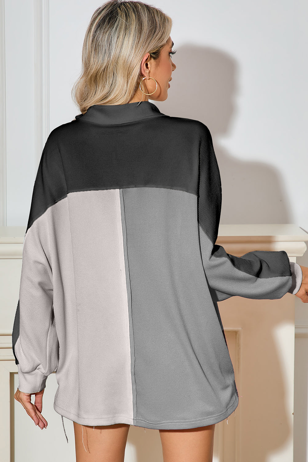 Pink Colorblock Patchwork Ribbed Oversized Sweatshirt