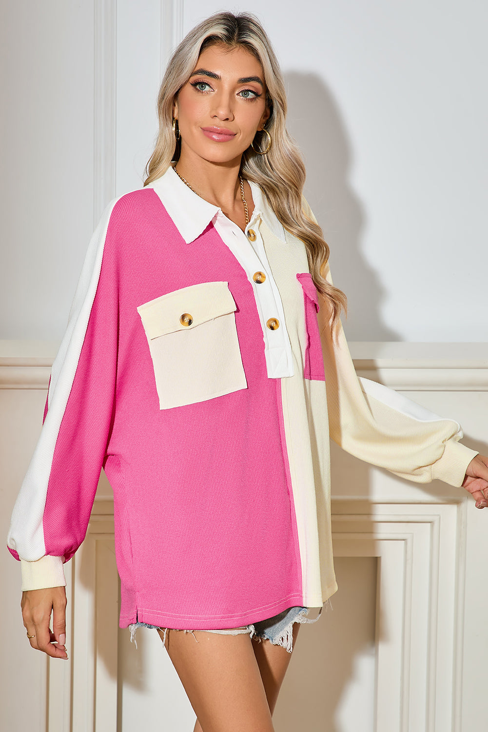 Pink Colorblock Patchwork Ribbed Oversized Sweatshirt