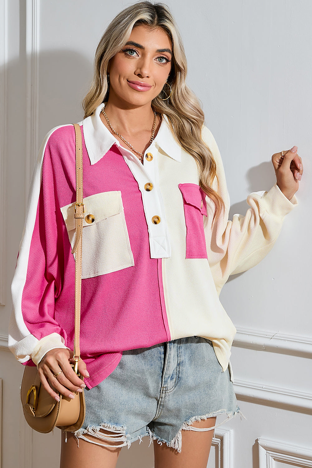 Pink Colorblock Patchwork Ribbed Oversized Sweatshirt