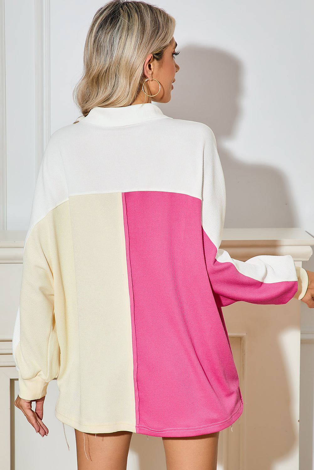 Pink Colorblock Patchwork Ribbed Oversized Sweatshirt