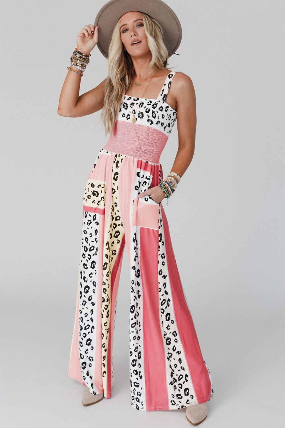 Pink Leopard Color Block Patchwork Strap Jumpsuit