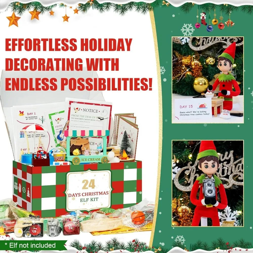 24-Day Chrismas Elf Kit Christmas Elf Adventure Kit 2024 with 24 Days Christmas Elf Scenes Idea Kit