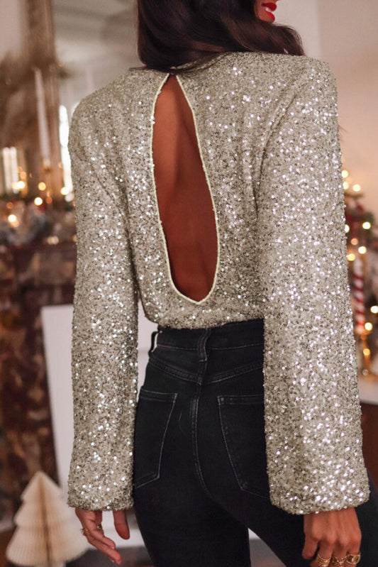 Silvery Sequin Puff Sleeve Cutout Back Blouse