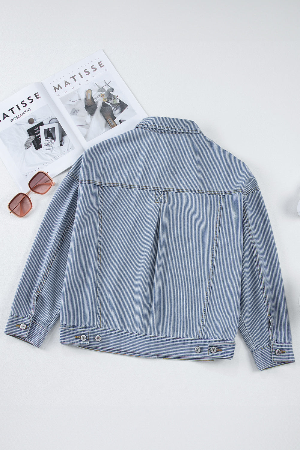 Sky Blue Stripe Washed Oversized Pocketed Denim Jacket