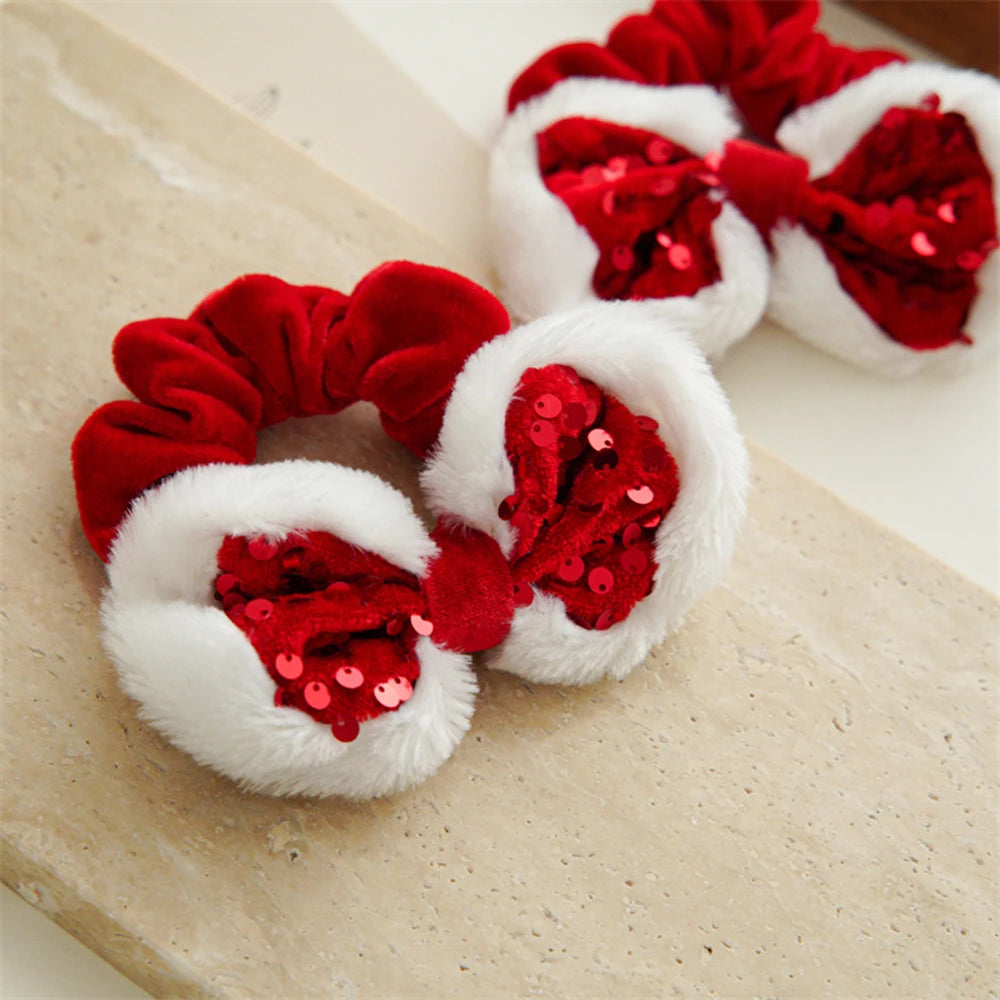 Christmas Style Red Hair Rope Sequin Bowknot Large Intestine Hair Ring Simple Hair Accessories Soft Plush Ponytail Holder