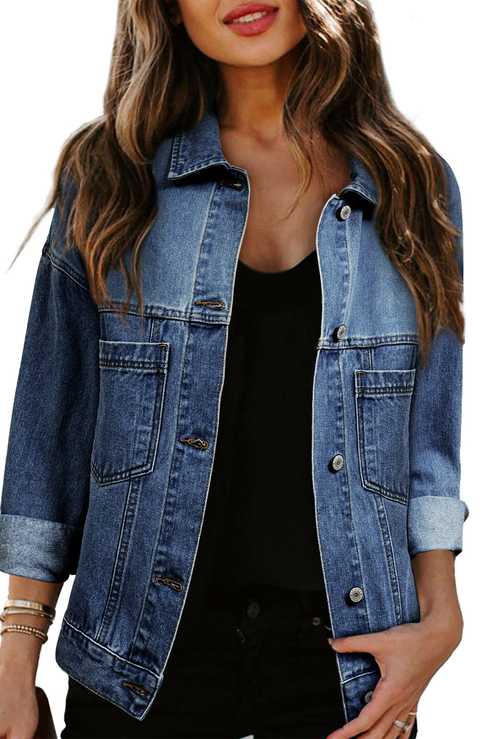 Sky Blue Stripe Washed Oversized Pocketed Denim Jacket