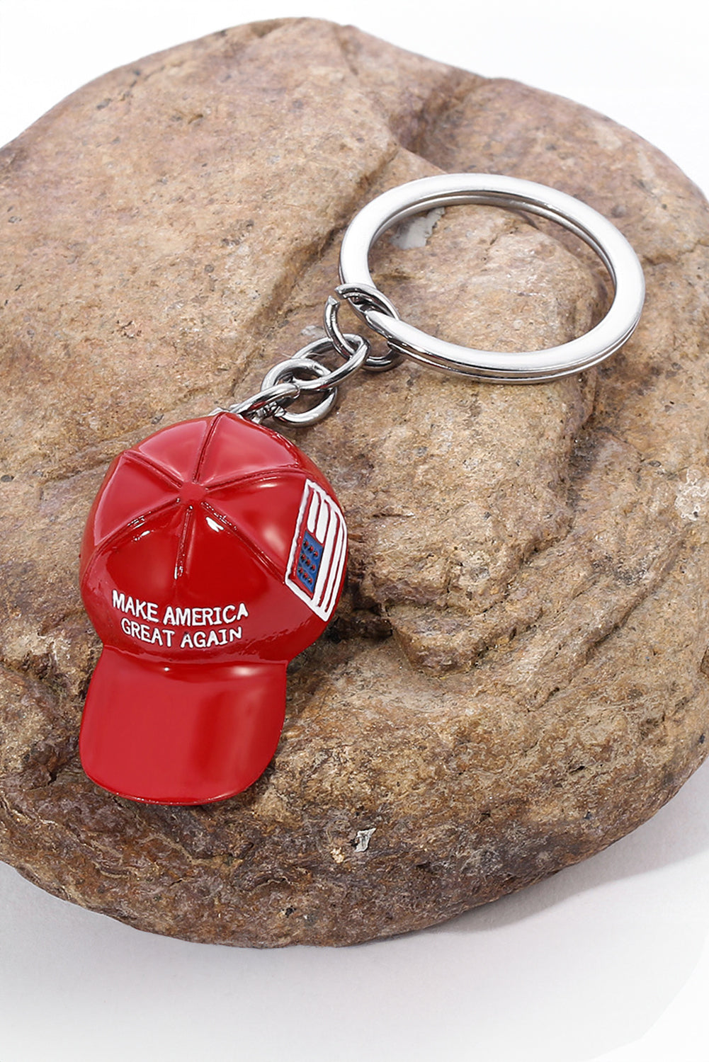 Fiery Red American Flag Baseball Cap Key Ring