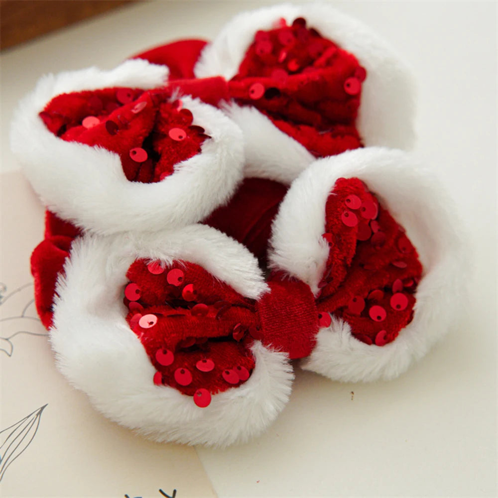 Christmas Style Red Hair Rope Sequin Bowknot Large Intestine Hair Ring Simple Hair Accessories Soft Plush Ponytail Holder