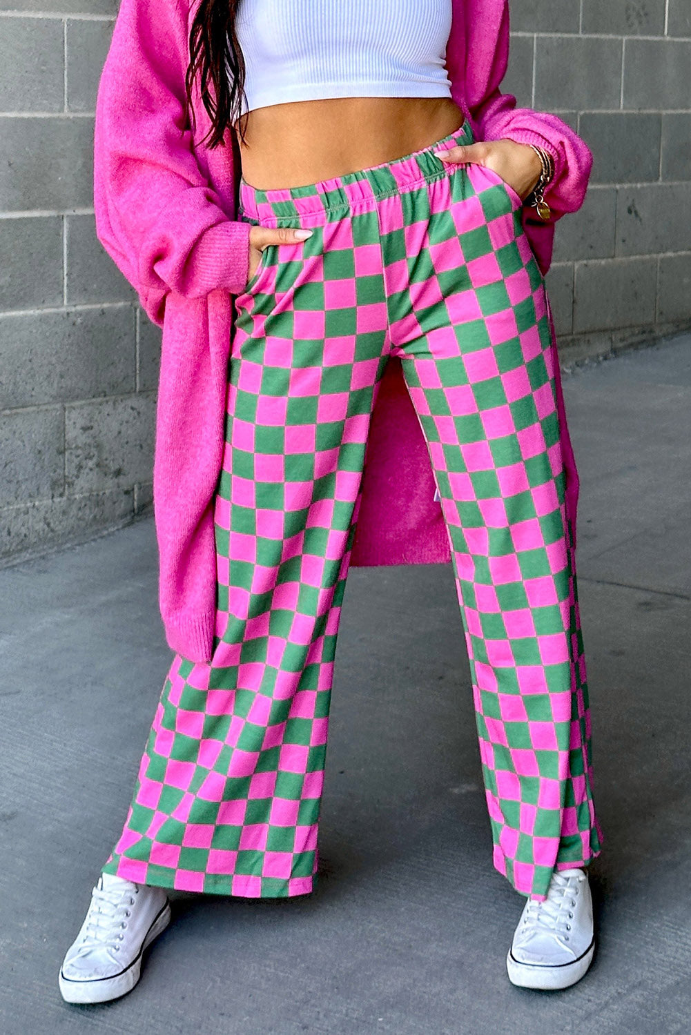 Bonbon Checkered Print High Waist Wide Leg Pants