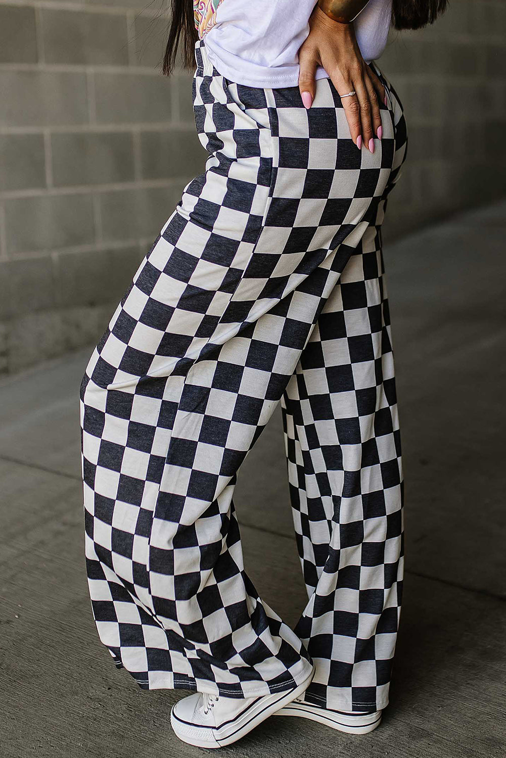 Bonbon Checkered Print High Waist Wide Leg Pants