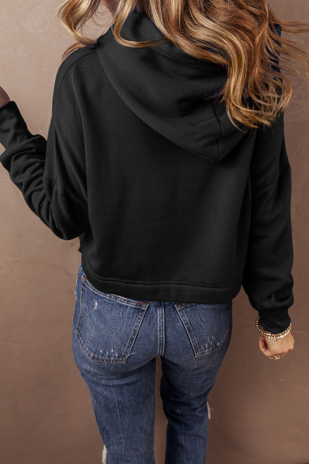 Black Drop Shoulder Drawstring Cropped Hoodie