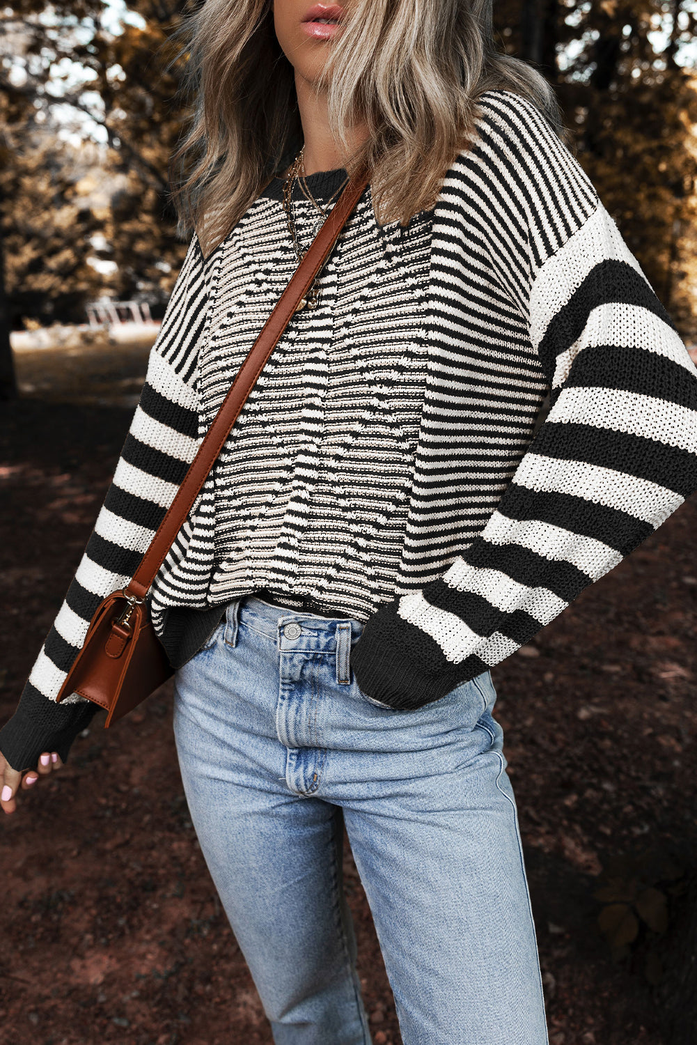 Gray Stripe Twisted Knitted Drop Shoulder Sweater