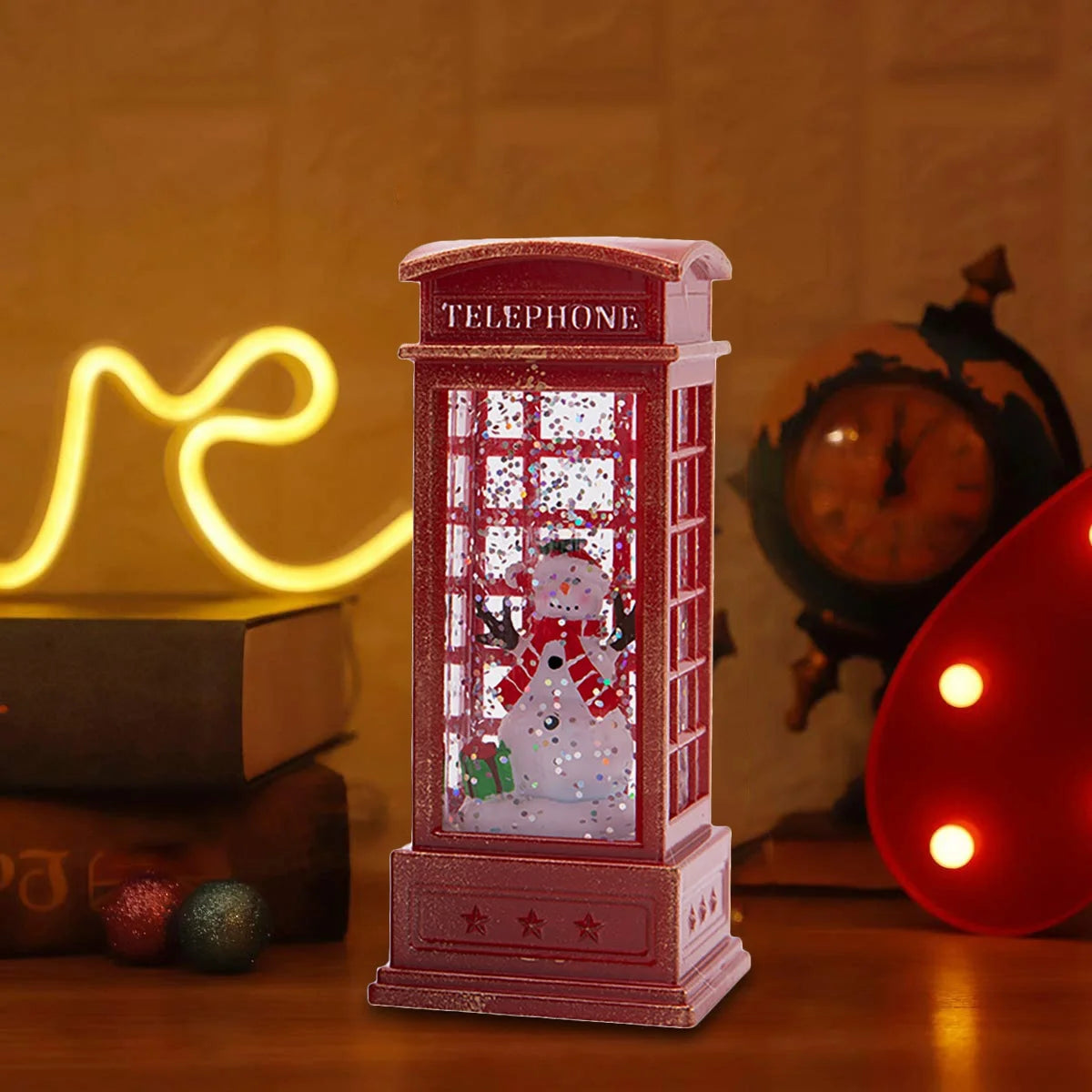 Christmas Lantern Snow Globe Lantern Christmas Water Glittering Snow Telephone Booth for Festival for Kids, Tree