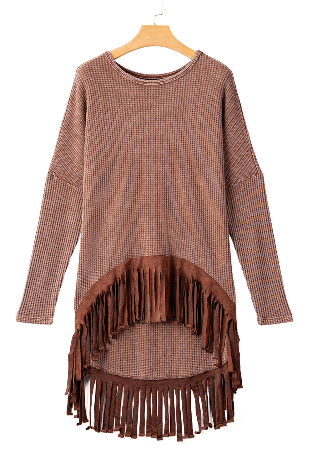 Coffee Waffle Patchwork Fringe Hem High Low Loose Top