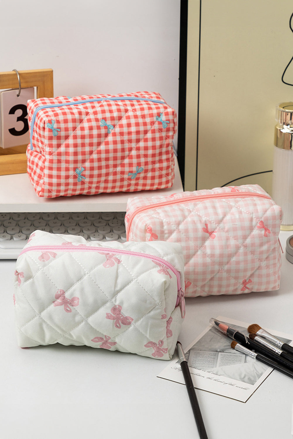 Pink Sweet Bow Print Quilted Zipper Cosmetic Bag