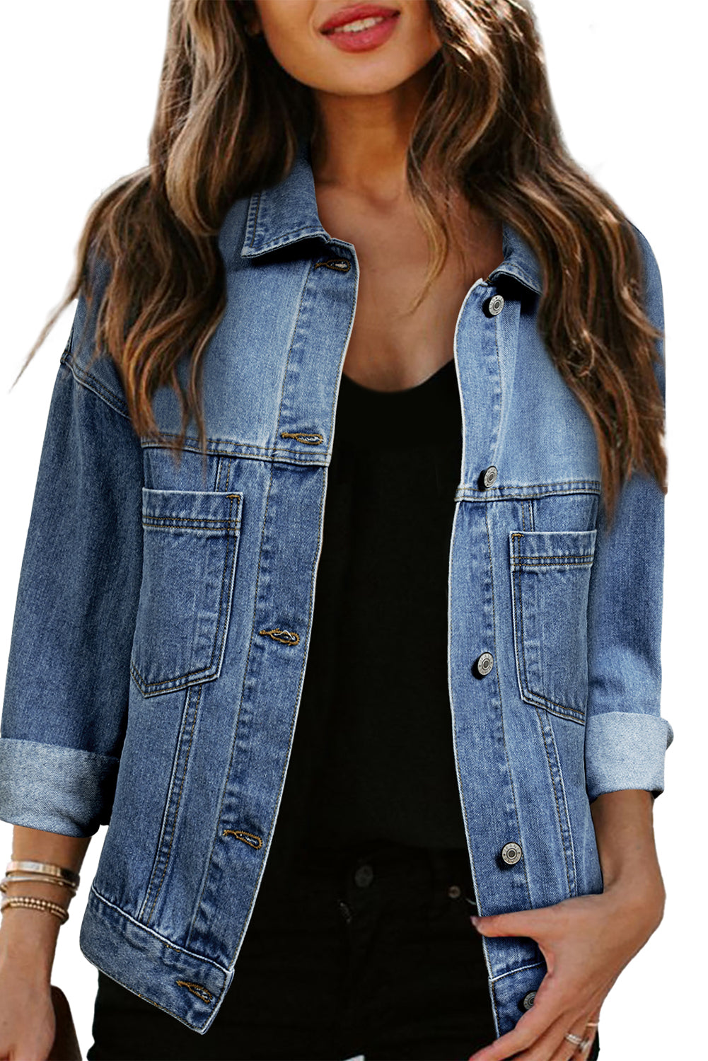 Sky Blue Stripe Washed Oversized Pocketed Denim Jacket